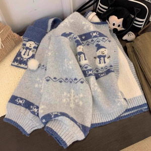Women's Fair Isle Knit <b>Cardigan</b> Autumn Winter Mohair Loose Single Breasted Anti-Pilling Contrast Color Sweater Coat - Product Image 3
