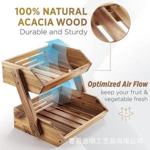 Étagère à fruits et légumes en bois massif à double niveau avec drainage, étagère de rangement de cuisine, design empilable, forme carrée marron - Product Image 3