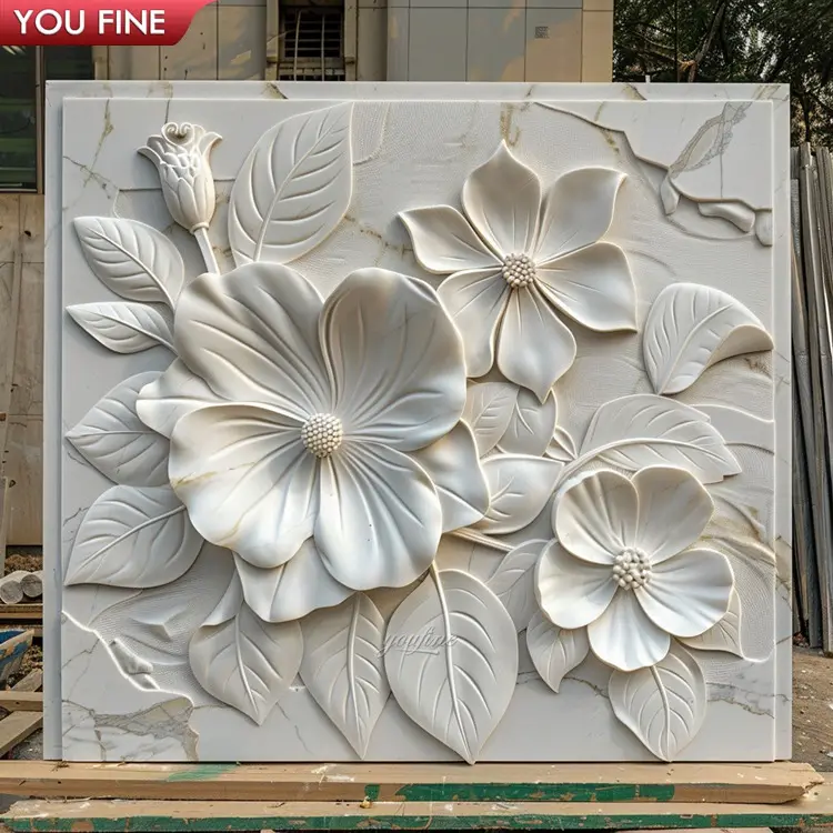 Décoration murale extérieure sculptée à la main gracieuse pierre fleur sculpture murale décoration en relief