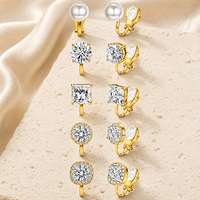 Set 5 Pasang Anting Klip Kristal Mutiara untuk Wanita Perhiasan Mode Pernikahan Pengantin Tanpa Tindik Persegi Bulat Warna Perak Emas