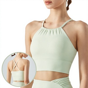 Women Halter Ruched Criss Cross Back Yoga Bra Padded Sleeveless Sports Bra Light Support Pilates Gym Workout Crop Tank Top - Product Image 1