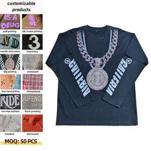 T-shirt a Maniche Lunghe da Uomo Personalizzata con Stampa DTG, Strass e Catena <span class=keywords><strong>3D</strong></span>, Doppio Strato, Stile Streetwear - Product Image 1