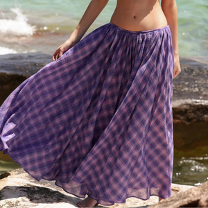 Beach Vacation Color Block Plaid Mesh Low <b>Waist</b> <b>Skirt</b> <b>Elastic</b> <b>Waist</b> Draping A Line Flared Long <b>Skirt</b> - Product Image 2