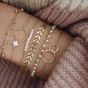 TL-19 Fashion Wholesale Gold Bracelets Set Jewelry Alloy Leaf Beads Geometric Hollow Circle 6pcs Chain Bracelet Kit