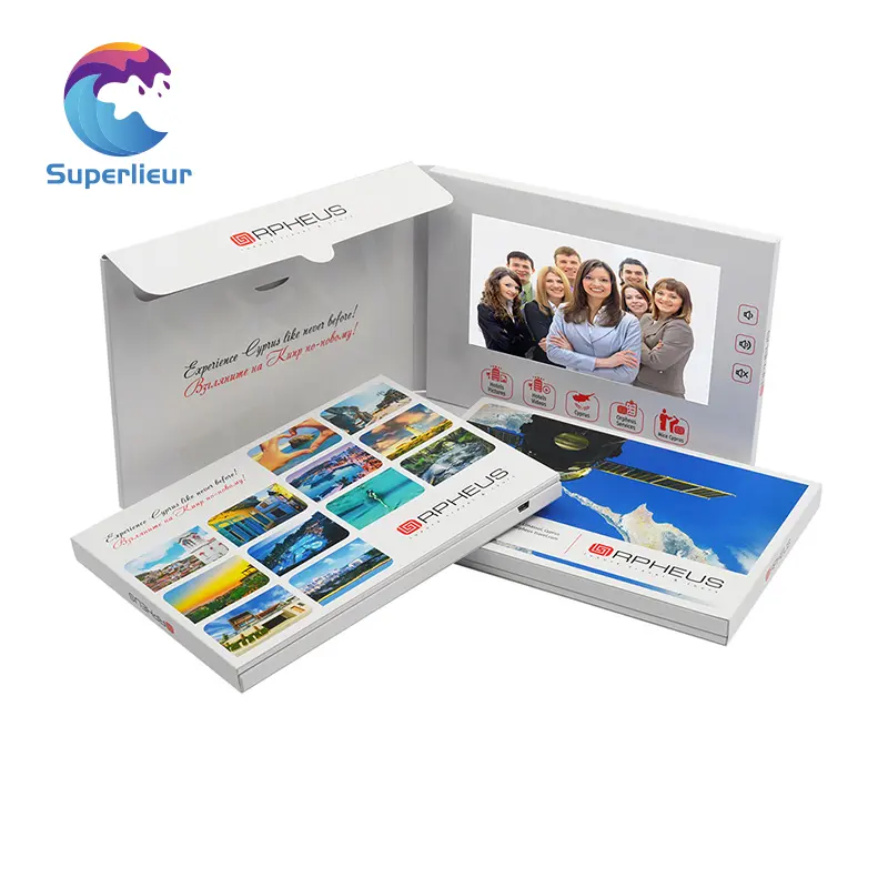 Superlieur vente en gros, publicité personnalisée A5 7.0 pouces, écran Lcd, brochures vidéo avec porte-fichiers