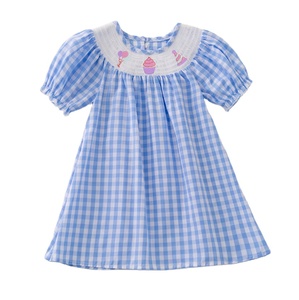 Robes en coton brodées à carreaux bleus pour filles en bas âge, vêtements à smocks pour le printemps et l'été, manches courtes, vêtements personnalisés - Product Image 5
