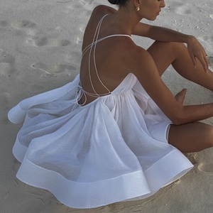 Vestido de Lino Personalizado al por Mayor para Mujer, Sexy con Tirantes Finos, Vestido Modesto de Lino y Algodón, Vestido de Playa con Escote en V Profundo, Color Liso - Product Image 3