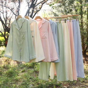 SUHE PJ-043 Women's Pure Cotton Woven Gauze Floral V-neck Drawstring Pajamas Long Sleeve Thin Two Piece Set Home Loungewear - Product Image 3