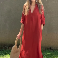 Robe longue décontractée d'été pour femme en coton et lin, col en V, fente latérale, plissée, coupe trapèze