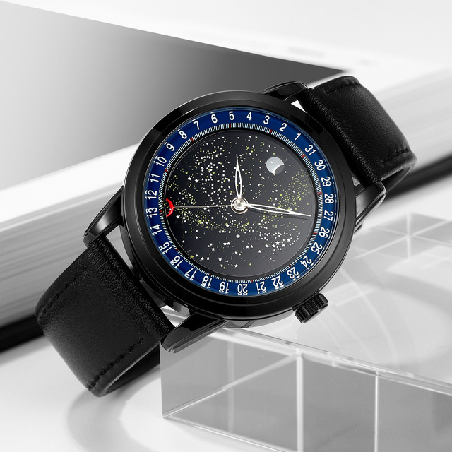 SKMEI 2116 Special Dial Star Moon Design Man Quartz Watch Zinc Alloy Case Leather Stainless Steel Quartz Men's Watch