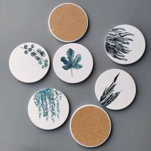 Vente en gros <span class=keywords><strong>de</strong></span> sous-verres en céramique ronds en pierre absorbants feuilles vertes pour avec base en liège pour boire - Product Image 2