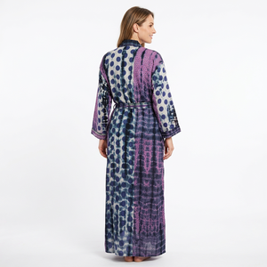 Robe longue indienne en coton non tissé teint à la main, col en V, fermeture à ceinture, imprimé tie-dye, robe de demoiselle d'honneur, tenue de nuit printemps-été - Product Image 5