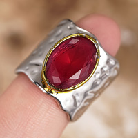 CAOSHI Klassische Glänzende Kreisförmige Silber- und Goldfarbene Messingringe mit Rotem Stein und Glas Zweifarbige Damen-Partyringe mit Breitem Band