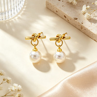 Ensemble collier et boucles d'oreilles pendantes en acier inoxydable plaqué or 18 carats, imperméable, avec nœud perlé, pour femmes