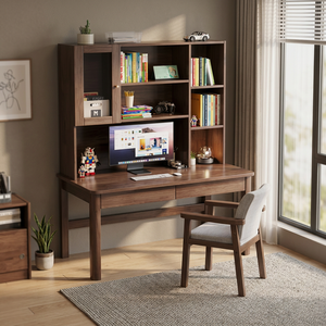 Wood Computer <b>Desk</b> with Integrated Bookshelf Storage for Home Office Furniture Set - Product Image 4