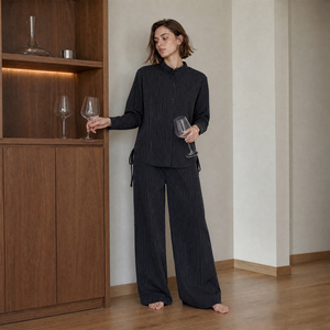 Pigiama da donna in cotone a righe con colletto alla coreana, maniche lunghe, bottoni, coulisse, pantaloni a gamba larga, abbigliamento casual da giorno e da notte SOFT15 - Product Image 3