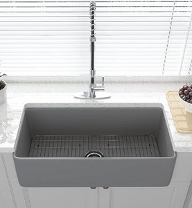 Évier de cuisine moderne Matt Basln 30 pouces, cuve simple, en porcelaine, avec plateau, carré, sans robinet, en laiton - Product Image 6