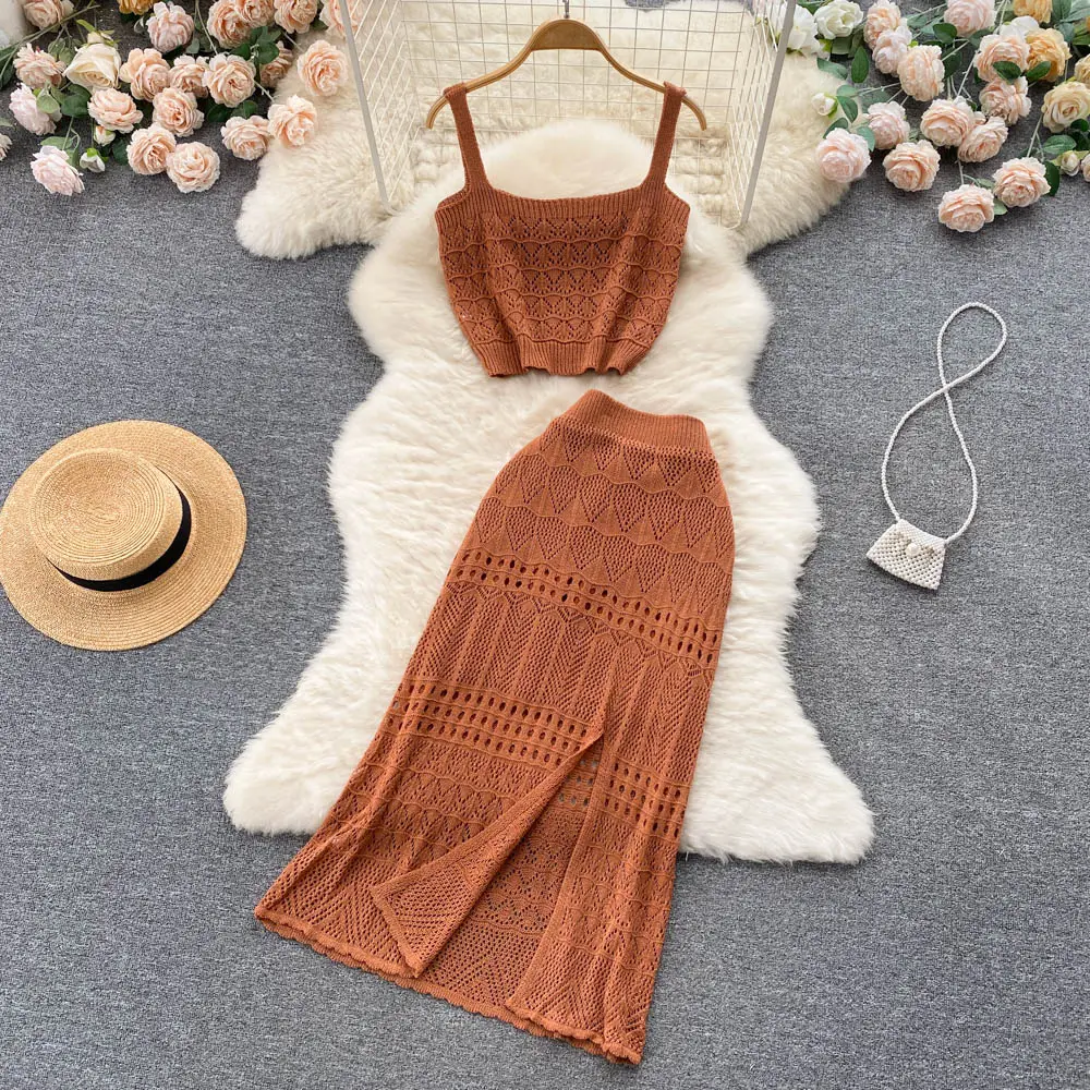 Conjuntos de moda de verano para mujer, Tops calados sólidos, suéter informal de cintura alta, conjunto de dos piezas, ropa al por mayor