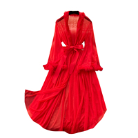 Robe élégante mi-longue en maille transparente avec nœud papillon à la taille et bordure en fausse fourrure pour femme