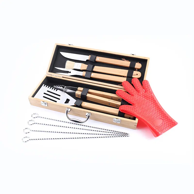 Amazon hot selling High quality Personalized 10pcs wood bamboo Handle BBQ Accessory Utensil Grill Tool Set with bamboo case
