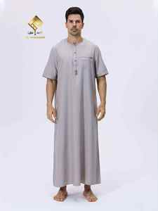 AL HARAMAIN Men's Gray Cotton Thobe Short Sleeve Round Neck <b>Floor</b> Length Modest Prayer Robe Solid Color Loose Fit - Product Image 3