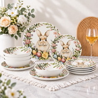 Service de vaisselle en céramique imprimé numérique 3D, 12 pièces, sous glaçure, sans plomb, assiettes en porcelaine motif floral printanier et lapin, Pâques