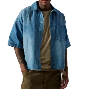 Изготовленная на заказ Голубая свободного кроя на пуговицах сверху донизу, Джинсовый верх 100% хлопок с коротким рукавом джинсовая рубашка для мужчин