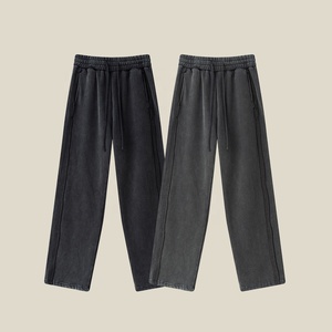 High-Street Fashion Snow Wash Straight Leg Pants With <strong>Fleece</strong> Lining for <strong>Men</strong> Comfortable Loose Casual Sweatpants Drawstring Waist - Product Image 5