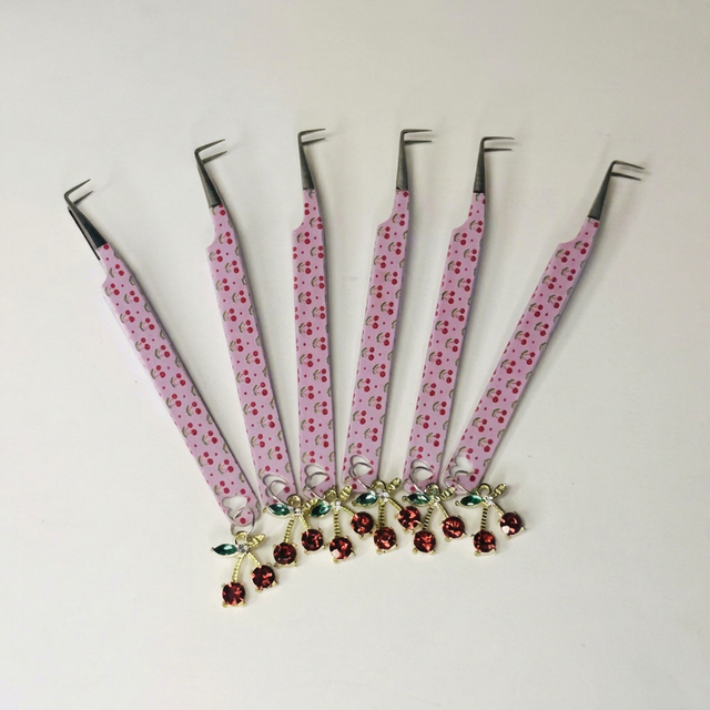 Cherry Design Durable Precision Eyelash Extension Tweezers Set Pink Stainless Steel Professional Lash Applicator Beauty Tools
