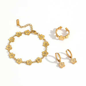 Flower Jewelry <b>Set</b> Stainless Steel 18k Gold Plated <b>Bracelet</b> Ring Earrings Women's Fashion Accessories - Product Image 3