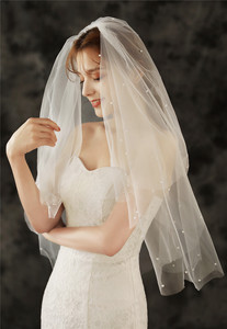 <span class=keywords><strong>2022</strong></span> blanc/ivoire court voile de mariage avec perles mode perle perlée 2 couches Tulle court voile de mariage avec peigne - Product Image 3