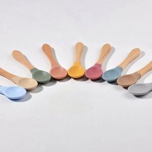 Tenedor de silicona y madera para bebés, cuchara suave de mango largo especial para niños, vajilla infantil - Product Image 3
