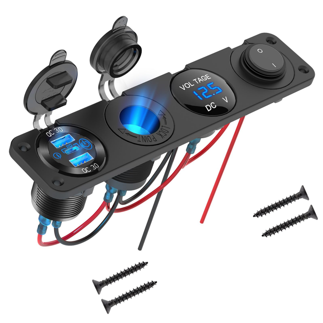 12V USB Power Outlet Socket Panel, Boat RV 4 in 1 PD USB Charger Car Cigarette Lighter Socket LED Voltmeter 2 Pin Rocker Switch