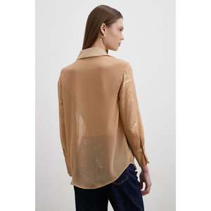 Camisa de Gasa con Estampado de Brillo Dorado y Botones para Mujer, Estilo Casual Diario, Blusa con Cuello en V - Product Image 2