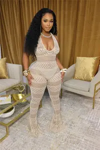 2024 New Women Summer Outfits Lace Hollow Out Tight Sexy Casual Wide Leg Jumpsuit For women