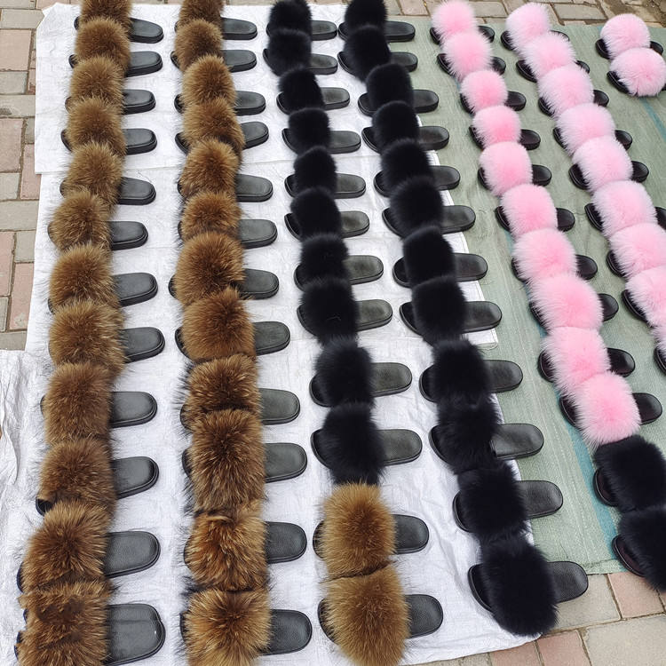 Wholesale new designer fox raccoon big fur slides and purse set