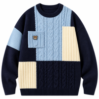 Pull en maille torsadée patchwork 12GG en laine et acrylique pour homme, col rond, anti-boulochage, hiver, échantillon rapide, usine source OEM personnalisée