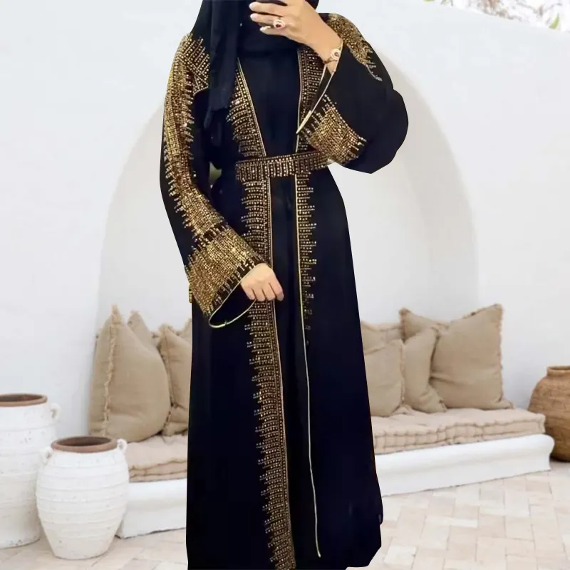 Trung Đông Hồi Giáo Quần Áo Tùy Chỉnh Sang Trọng Màu Đen Kaftan Abaya Dress Set Dubai Tôn Tạo Đá Hạt Abaya