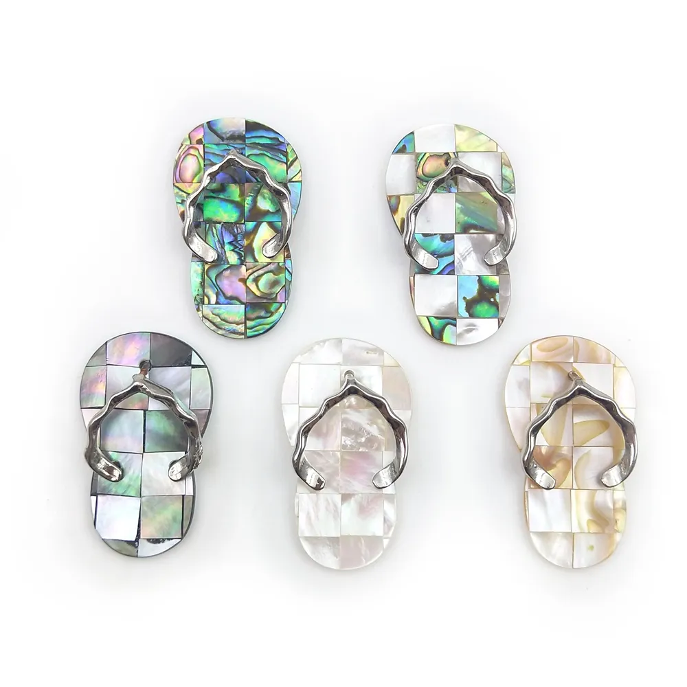 New Fashion unique Abalone Beach Design Flip Flops Natural Crystal White Shell with Green Paua Shell Handmade Pendant MOP charms