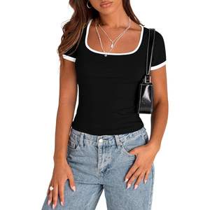 Blusas de Verano Personalizadas para Mujer, Estilo Casual Básico, Tops Cortos de Manga Corta, Tejido Acanalado, Cuello Cuadrado, Bloques de Color, Ajuste Entallado - Product Image 5