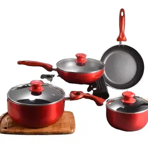 Factory direct sales cookware sets low-price cooking pot red metal paint 7sets of aluminum kitchenware non-stick stock pot&pans