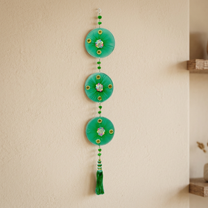 Artificial Cotton Traditional Triple Disc Wall Hanging Tassel Mirror Work UV Printed Green Design for Chinese New Year Indoor - Product Image 3