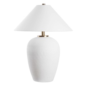 Lampe de table moderne en céramique blanche texturée avec des éléments en laiton |   Éclairage neutre artisanal pour chambre d'hôtel et espace de séjour - Product Image 1