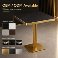 Mesa de Bistro de Piedra Sinterizada Negra de Lujo con Borde Dorado y Base de Pedestal Cuadrado, Muebles Comerciales para Restaurantes