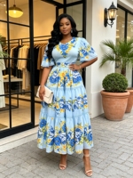 Ventes en gros de robes plissées à manches courtes à imprimé floral à col en V, robes élégantes décontractées pour femmes grandes tailles
