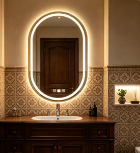 Oval Wall Hanging <b>Bathroom</b> <b>Mirror</b> Gold Aluminum Frame Glass Lenses Dimmable Illuminated <b>LED</b> <b>Light</b> Plug Powered Contemporary - Product Image 5