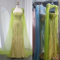 Robe de soirée de luxe perlée sirène vert citron et bleu avec Cape manches femmes arabes robe de bal de fête de mariage