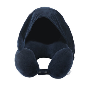 Almohada de viaje portátil con capucha y forma de U, de espuma viscoelástica y terciopelo, para siestas, bloquea la luz solar, color azul sólido - Product Image 1