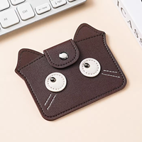 Tas Kartu Kulit Sapi Lapis Pertama Gaya Retro, Kulit Asli dengan Desain Anak Kucing Lucu Cetak Sablon, Ultra Tipis dengan Penutup Kancing