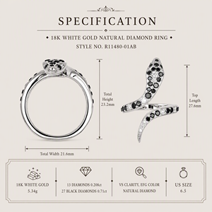 18K White <b>Gold</b> Black & White Diamond Pave Coiled <b>Snake</b> Open <b>Ring</b> Bold Luxury Statement Jewelry For Women - Product Image 5